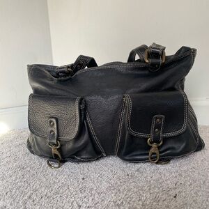 Chic Black Leather Shoulder Bag with Front Pockets
